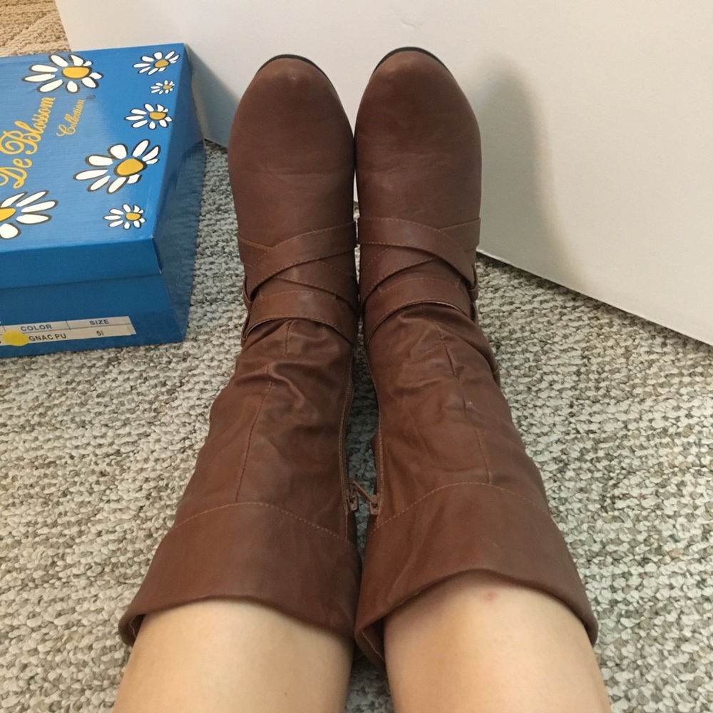 Brown flat mid calf boots
